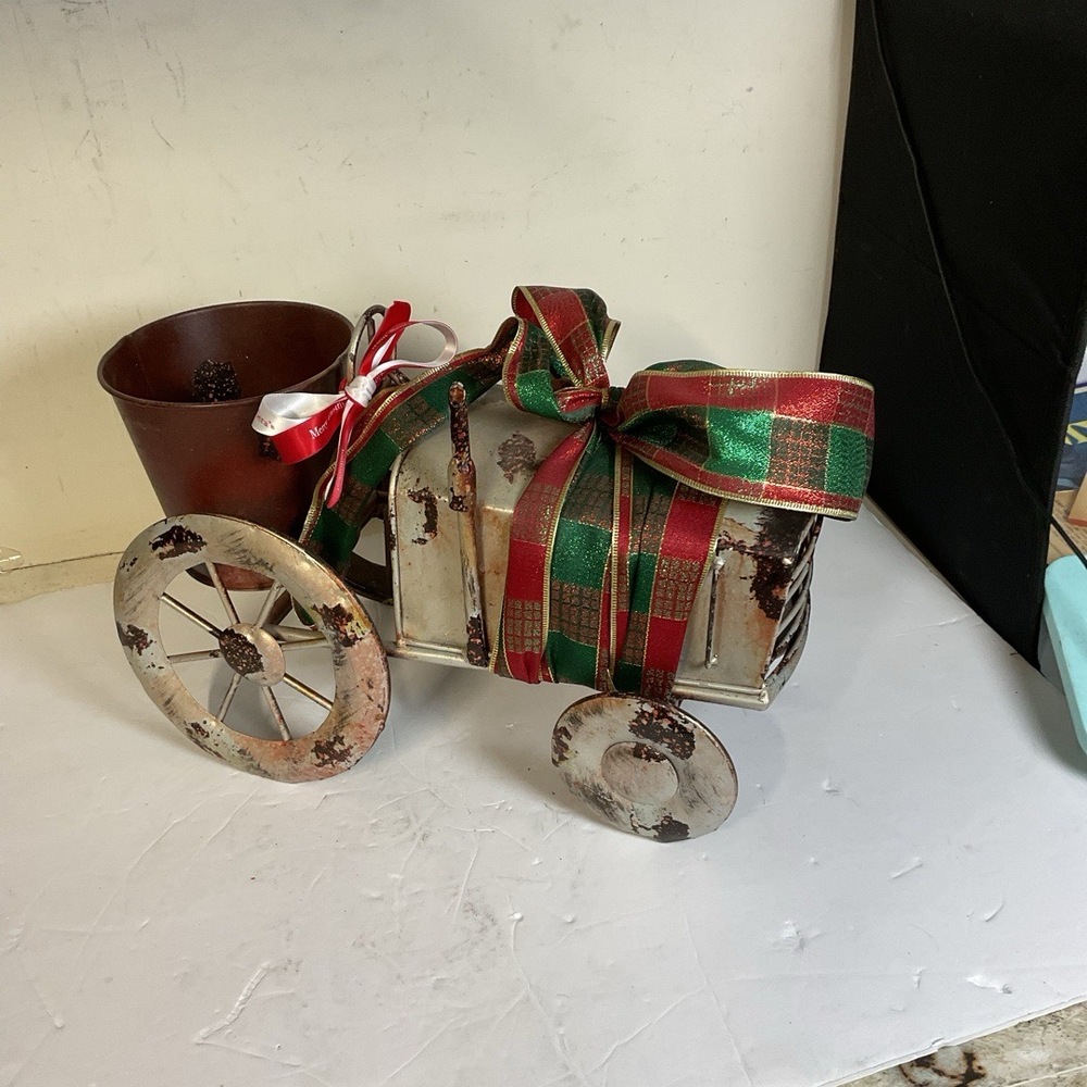 Merry Christmas Co Decorative Item Rustic Metal Cart Red Green‎ Ribbon Holiday